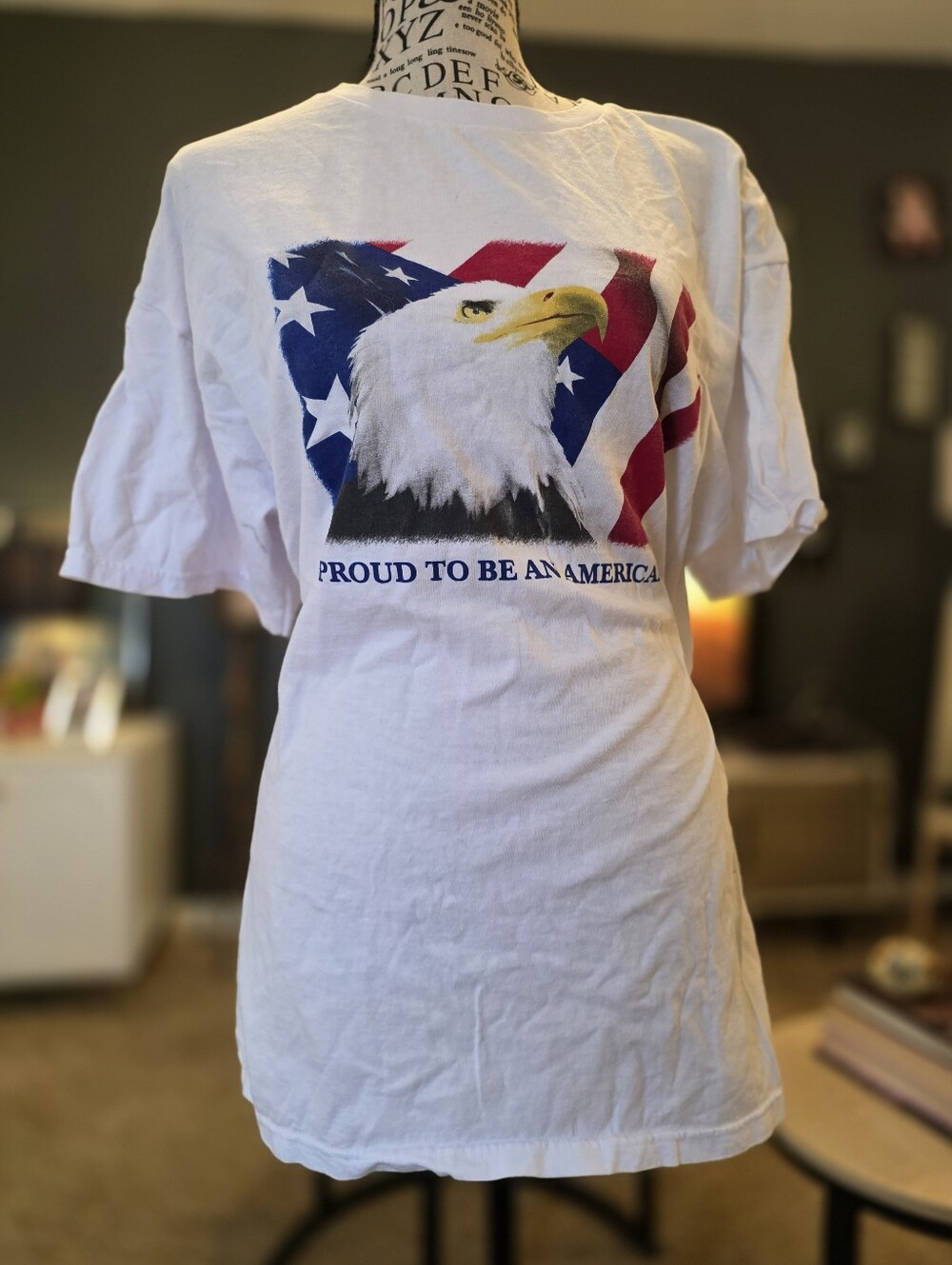 White Patriotic Eagle Graphic Tee - "Proud To Be An American"